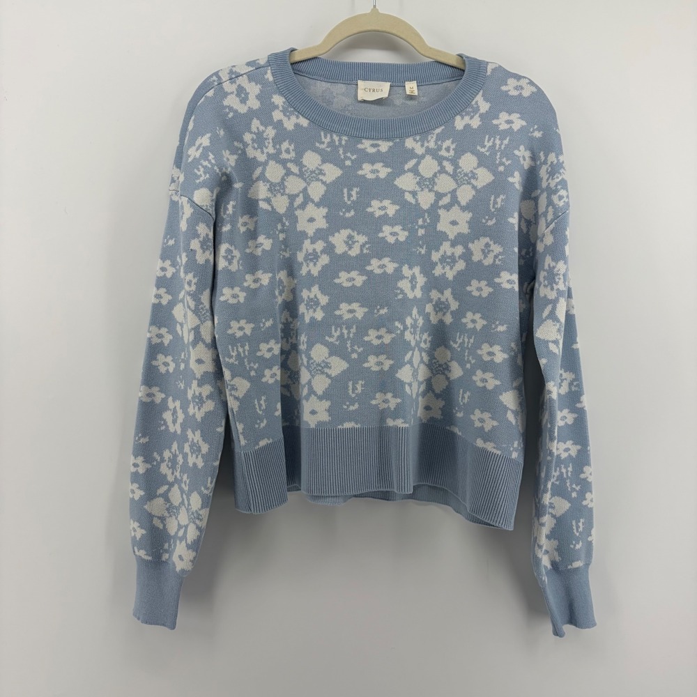 Cyrus Women Medium Sweater Blue White Floral Crew Neck Long Sleeve Cottagecore